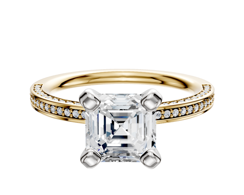 18K Two Tone 4 Prong Classic Flat 3-Row-Pave 2.0mm Engagement Ring