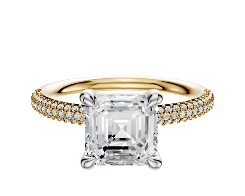 14K Two Tone 4 Prong Basket Classic Dome 3-Row-Pave 2.0mm Engagement Ring