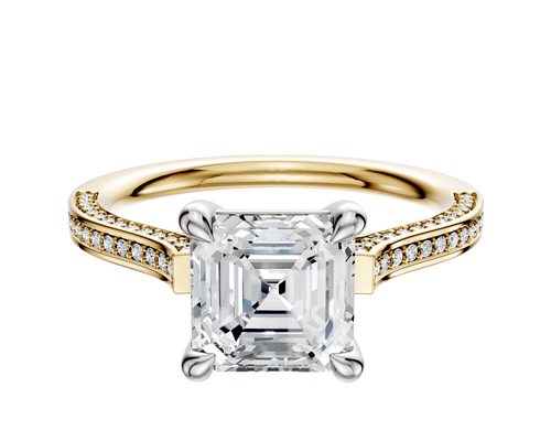 14K Two Tone 4 Prong Basket Cathedral Flat 3-Row-Pave 2.0mm Engagement Ring