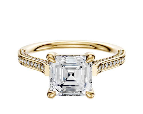 18K Yellow Gold 4 Prong Basket Cathedral Flat 3-Row-Pave 2.0mm Engagement Ring