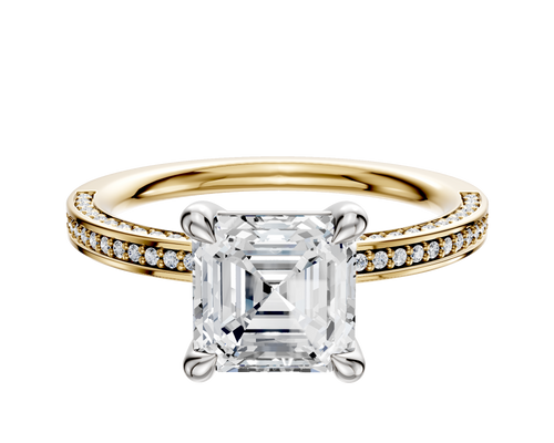 14K Two Tone 4 Prong Basket Classic Flat 3-Row-Pave 2.0mm Engagement Ring