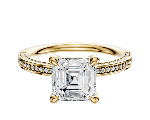 14K Yellow Gold 4 Prong Basket Classic Flat 3-Row-Pave 2.0mm Engagement Ring