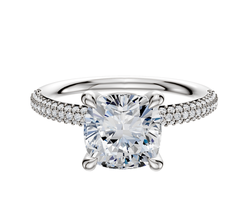 14K White Gold 4 Prong Basket Classic Dome 3-Row-Pave 2.0mm Engagement Ring