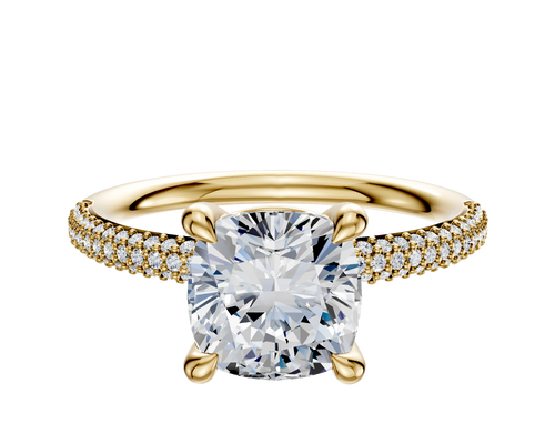 18K Yellow Gold 4 Prong Basket Classic Dome 3-Row-Pave 2.0mm Engagement Ring