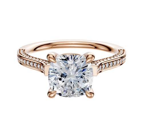 18K Rose Gold 4 Prong Basket Cathedral Flat 3-Row-Pave 2.0mm Engagement Ring