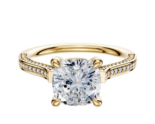 18K Yellow Gold 4 Prong Basket Cathedral Flat 3-Row-Pave 2.0mm Engagement Ring