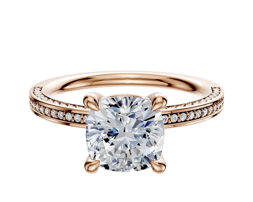 18K Rose Gold 4 Prong Basket Classic Flat 3-Row-Pave 2.0mm Engagement Ring