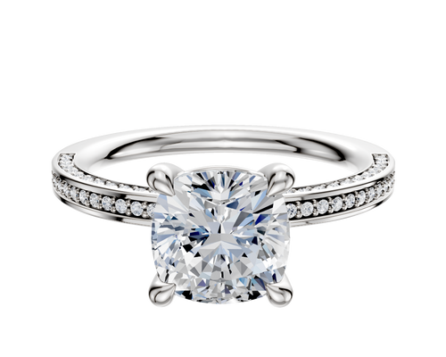 14K White Gold 4 Prong Basket Classic Flat 3-Row-Pave 2.0mm Engagement Ring