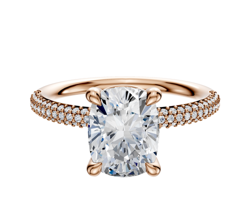 18K Rose Gold 4 Prong Basket Classic Dome 3-Row-Pave 2.0mm Engagement Ring