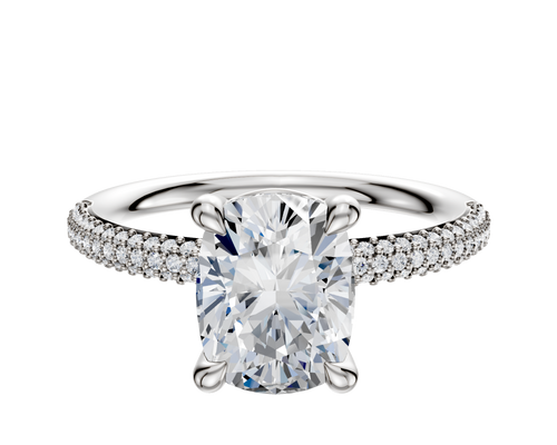 14K White Gold 4 Prong Basket Classic Dome 3-Row-Pave 2.0mm Engagement Ring