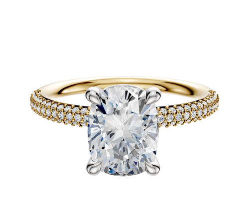 14K Two Tone 4 Prong Basket Classic Dome 3-Row-Pave 2.0mm Engagement Ring