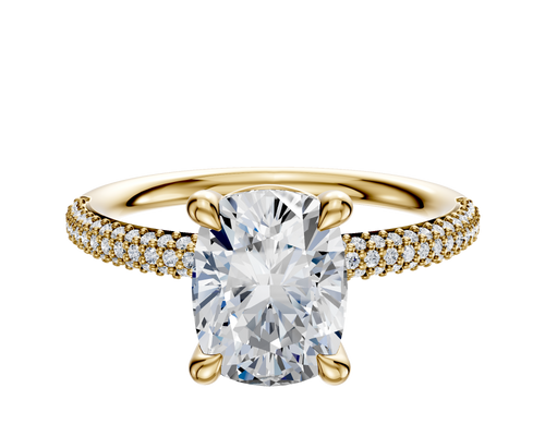 14K Yellow Gold 4 Prong Basket Classic Dome 3-Row-Pave 2.0mm Engagement Ring