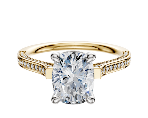 14K Two Tone 4 Prong Basket Cathedral Flat 3-Row-Pave 2.0mm Engagement Ring