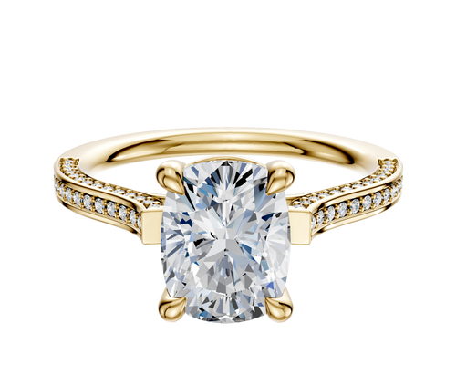 14K Yellow Gold 4 Prong Basket Cathedral Flat 3-Row-Pave 2.0mm Engagement Ring