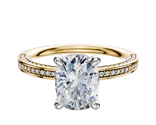 14K Two Tone 4 Prong Basket Classic Flat 3-Row-Pave 2.0mm Engagement Ring