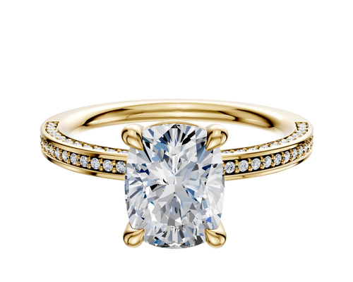 18K Yellow Gold 4 Prong Basket Classic Flat 3-Row-Pave 2.0mm Engagement Ring