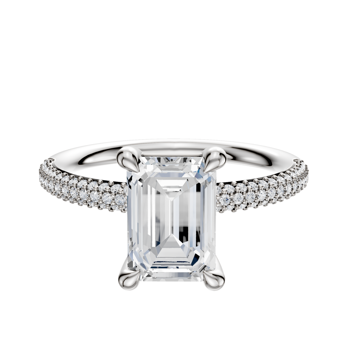 The Platinum 4 Prong Basket Classic Dome 3-Row-Pave 2.0mm Engagement Ring features a center stone in a four-prong setting, with a band adorned with three rows of pave-set diamonds, shown against a plain white background.