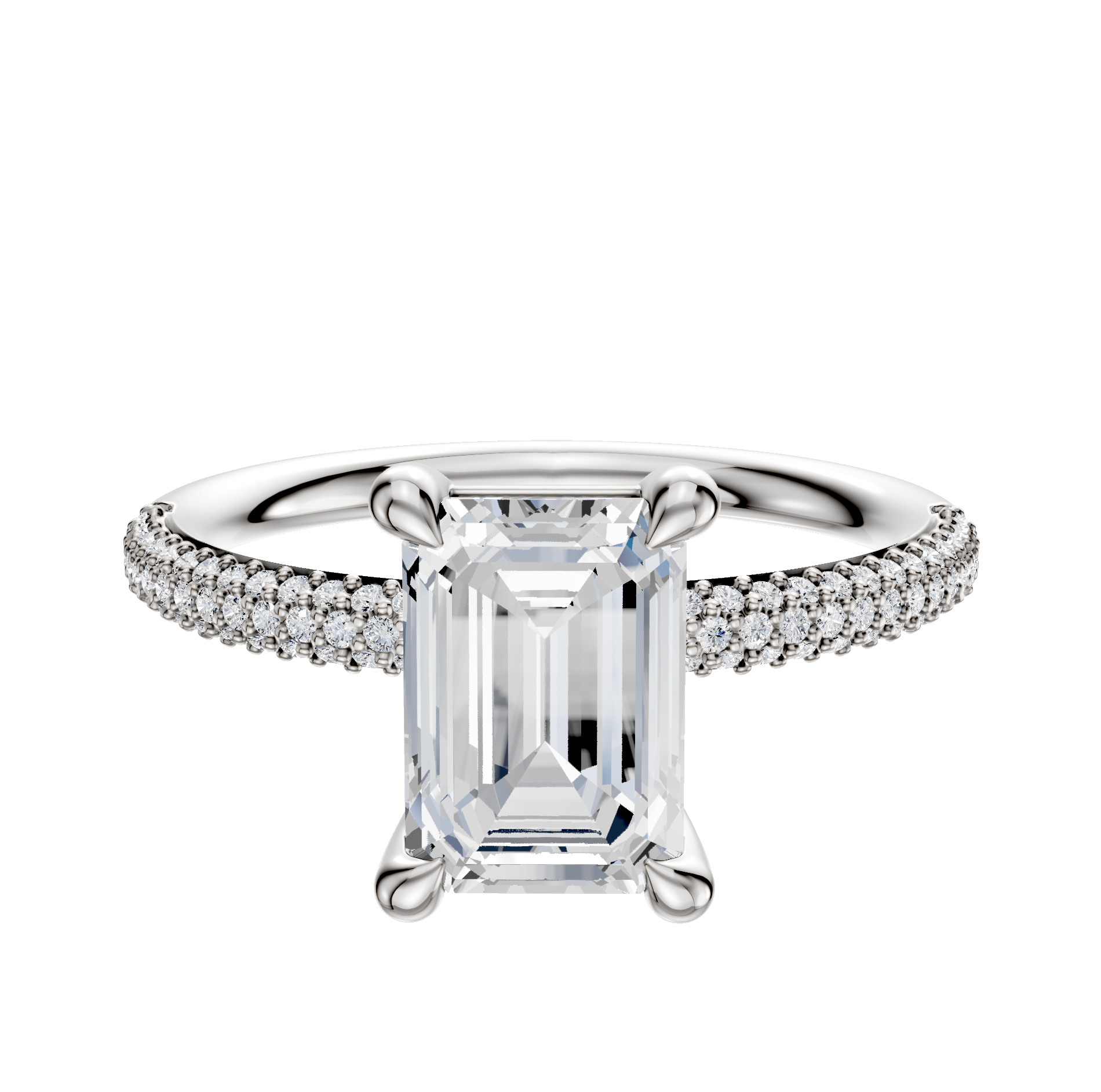 The Platinum 4 Prong Basket Classic Dome 3-Row-Pave 2.0mm Engagement Ring features a center stone in a four-prong setting, with a band adorned with three rows of pave-set diamonds, shown against a plain white background.