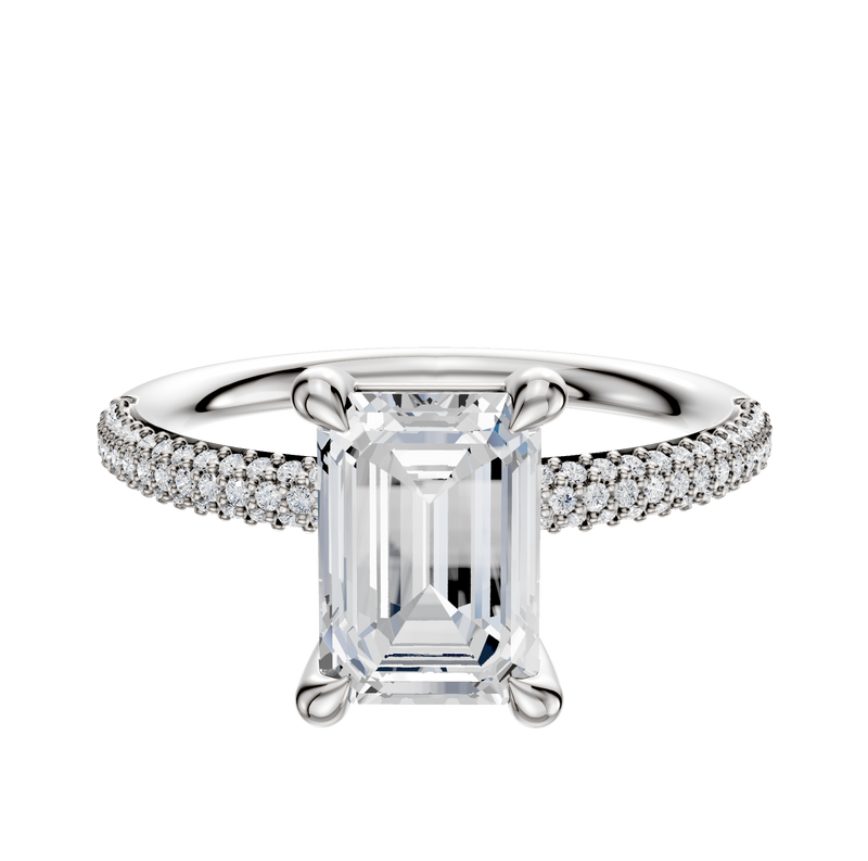 The Platinum 4 Prong Basket Classic Dome 3-Row-Pave 2.0mm Engagement Ring features a center stone in a four-prong setting, with a band adorned with three rows of pave-set diamonds, shown against a plain white background.