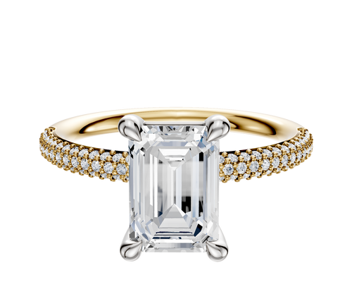 14K Two Tone 4 Prong Basket Classic Dome 3-Row-Pave 2.0mm Engagement Ring