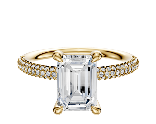 14K Yellow Gold 4 Prong Basket Classic Dome 3-Row-Pave 2.0mm Engagement Ring