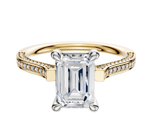 18K Two Tone 4 Prong Basket Cathedral Flat 3-Row-Pave 2.0mm Engagement Ring