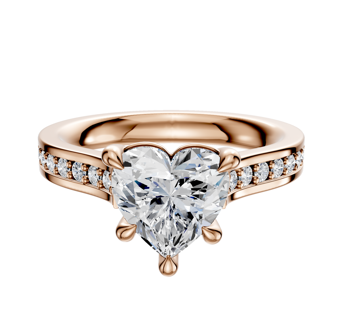 The 14K Rose Gold 4 Prong Basket Cathedral Flat 1-Row-Pave 2.5mm Engagement Ring features a heart-shaped diamond center and small round diamonds set along the band.