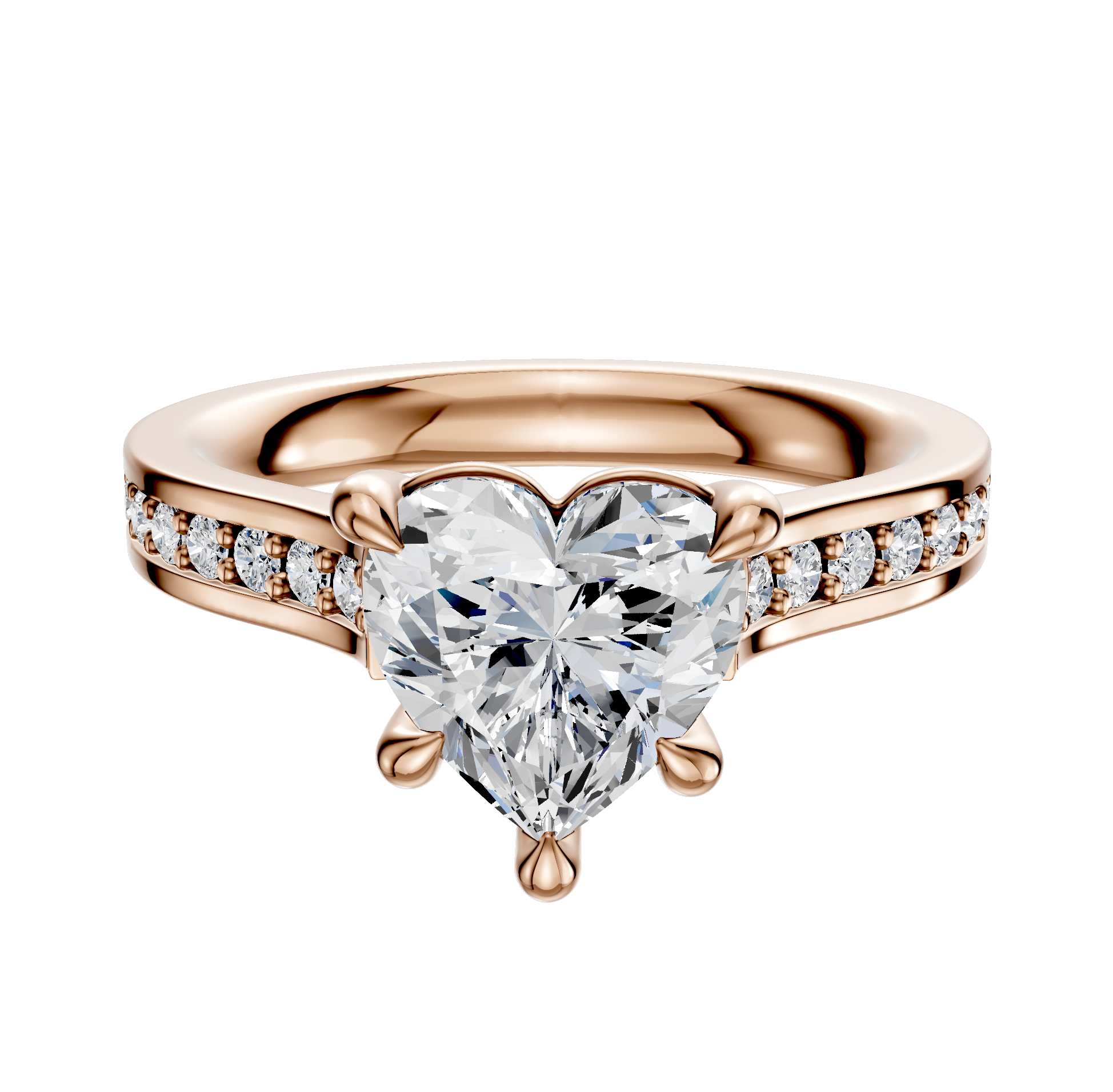 The 14K Rose Gold 4 Prong Basket Cathedral Flat 1-Row-Pave 2.5mm Engagement Ring features a heart-shaped diamond center and small round diamonds set along the band.