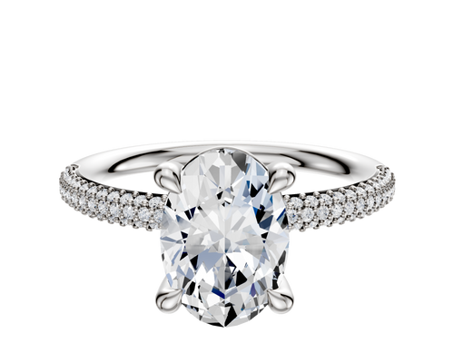 14K White Gold 4 Prong Basket Classic Dome 3-Row-Pave 2.0mm Engagement Ring