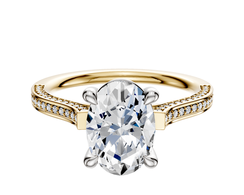 18K Two Tone 4 Prong Basket Cathedral Flat 3-Row-Pave 2.0mm Engagement Ring