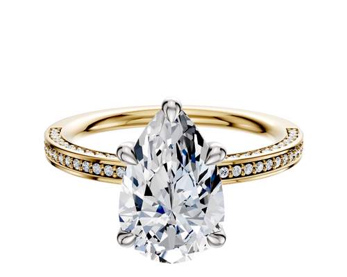 14K Two Tone 4 Prong Basket Classic Flat 3-Row-Pave 2.0mm Engagement Ring