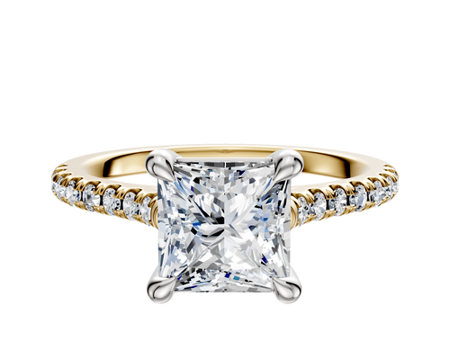 18K Two Tone 4 Prong Basket Cathedral Dome 1-Row-Pave 2.5mm Engagement Ring