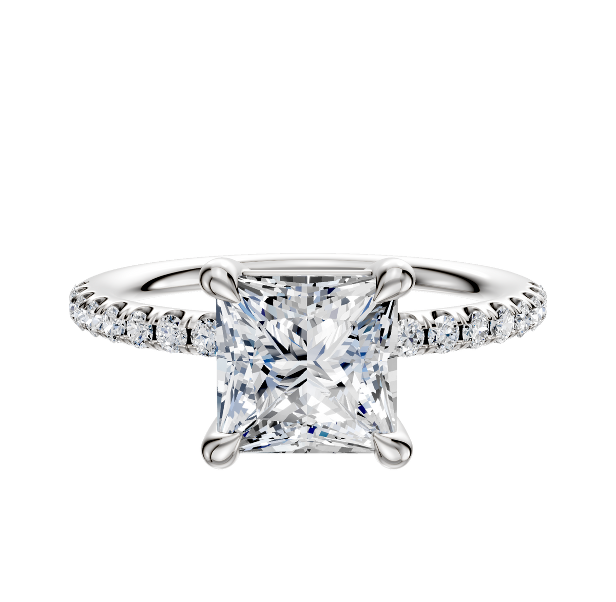 A 14K white gold engagement ring with a 4-prong basket setting, classic dome design, and a 2.5mm band accented by a single row of pave-set diamonds.