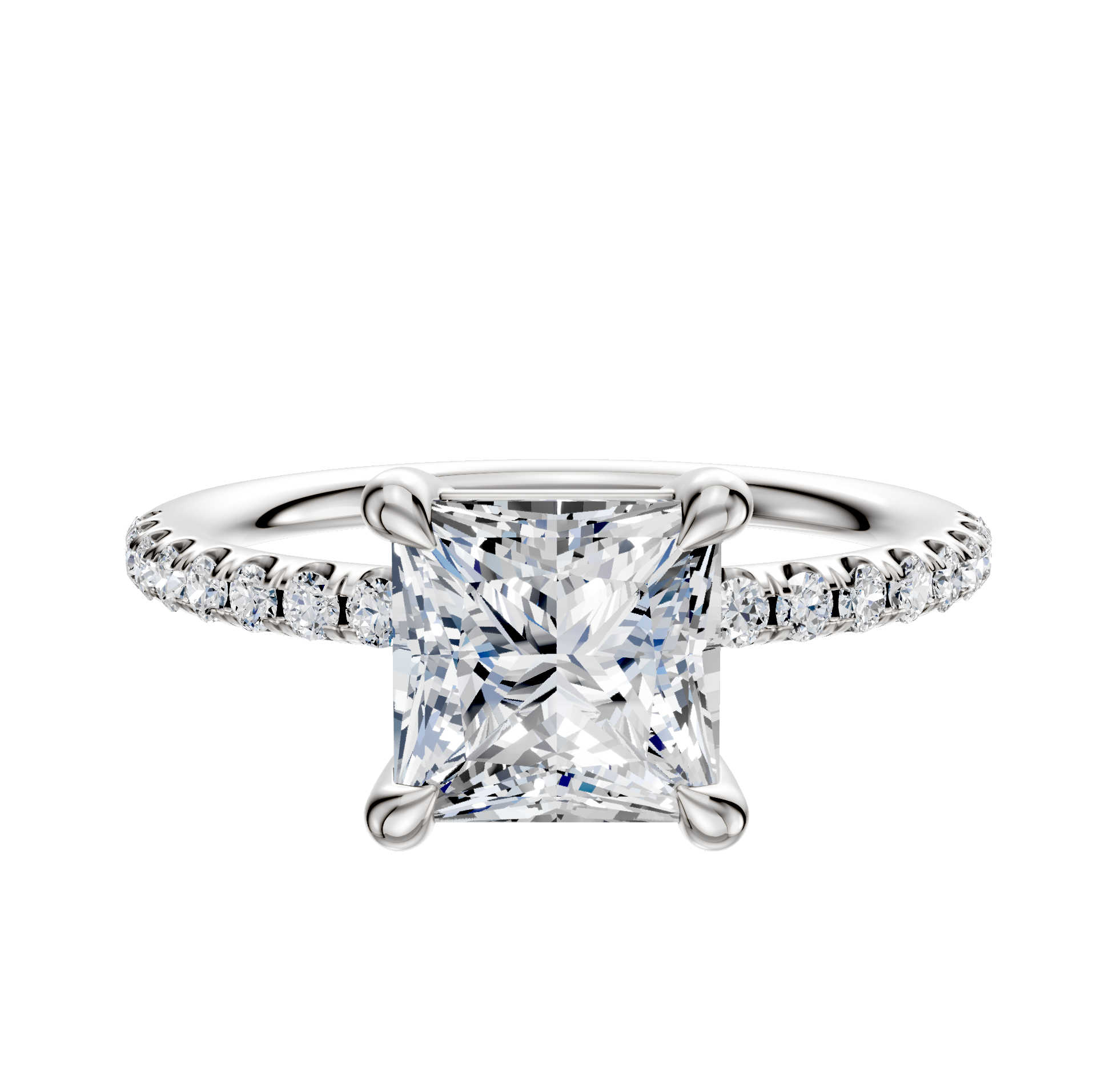 A 14K white gold engagement ring with a 4-prong basket setting, classic dome design, and a 2.5mm band accented by a single row of pave-set diamonds.