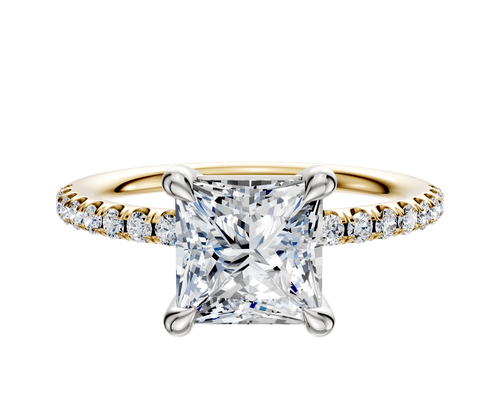 14K Two Tone 4 Prong Basket Classic Dome 1-Row-Pave 2.5mm Engagement Ring