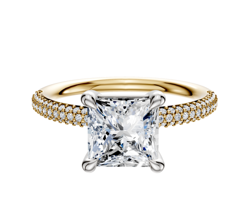 14K Two Tone 4 Prong Basket Classic Dome 3-Row-Pave 2.0mm Engagement Ring
