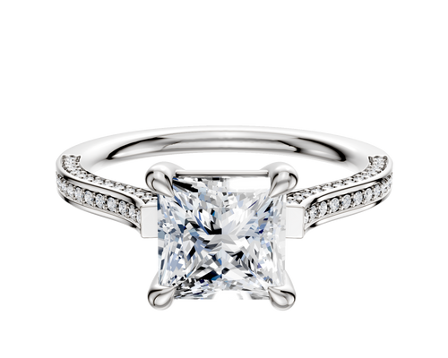 18K White Gold 4 Prong Basket Cathedral Flat 3-Row-Pave 2.0mm Engagement Ring