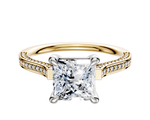 14K Two Tone 4 Prong Basket Cathedral Flat 3-Row-Pave 2.0mm Engagement Ring