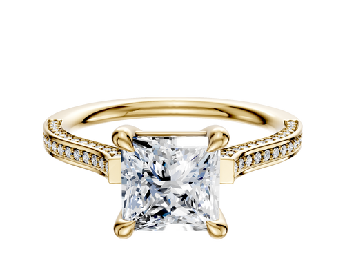 18K Yellow Gold 4 Prong Basket Cathedral Flat 3-Row-Pave 2.0mm Engagement Ring