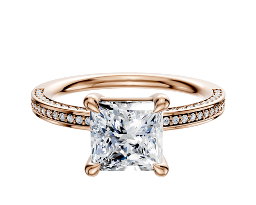 18K Rose Gold 4 Prong Basket Classic Flat 3-Row-Pave 2.0mm Engagement Ring