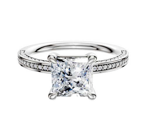 Platinum 4 Prong Basket Classic Flat 3-Row-Pave 2.0mm Engagement Ring