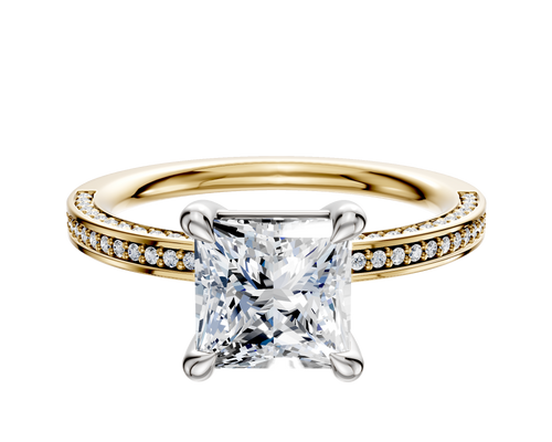 14K Two Tone 4 Prong Basket Classic Flat 3-Row-Pave 2.0mm Engagement Ring