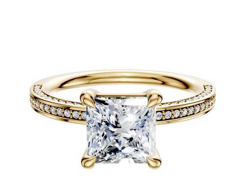 18K Yellow Gold 4 Prong Basket Classic Flat 3-Row-Pave 2.0mm Engagement Ring