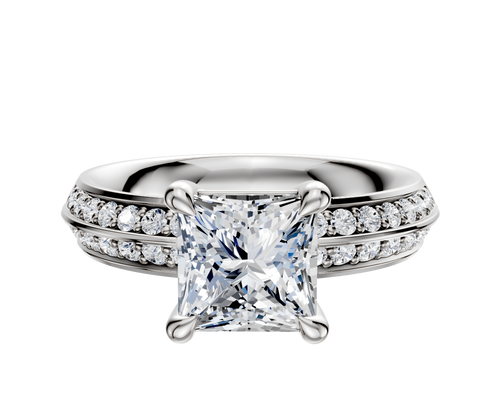 18K White Gold 4 Prong Basket Classic Knife Edge 1-Row-Pave 2.5mm Engagement Ring