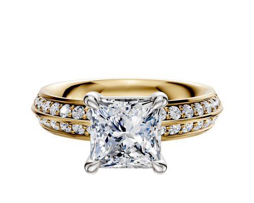 18K Two Tone 4 Prong Basket Classic Knife Edge 1-Row-Pave 2.5mm Engagement Ring