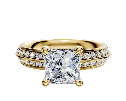 14K Yellow Gold 4 Prong Basket Classic Knife Edge 1-Row-Pave 2.5mm Engagement Ring