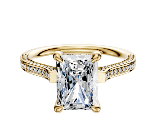 14K Yellow Gold 4 Prong Basket Cathedral Flat 3-Row-Pave 2.0mm Engagement Ring