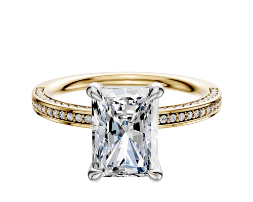 18K Two Tone 4 Prong Basket Classic Flat 3-Row-Pave 2.0mm Engagement Ring