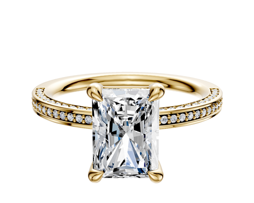 14K Yellow Gold 4 Prong Basket Classic Flat 3-Row-Pave 2.0mm Engagement Ring