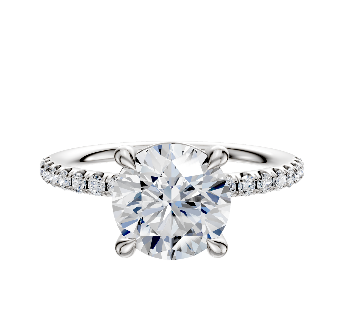 The 14K White Gold 4 Prong Basket Classic Dome 1-Row-Pave 2.5mm Engagement Ring features a round center stone held by four prongs and a band adorned with a row of sparkling pave-set diamonds.